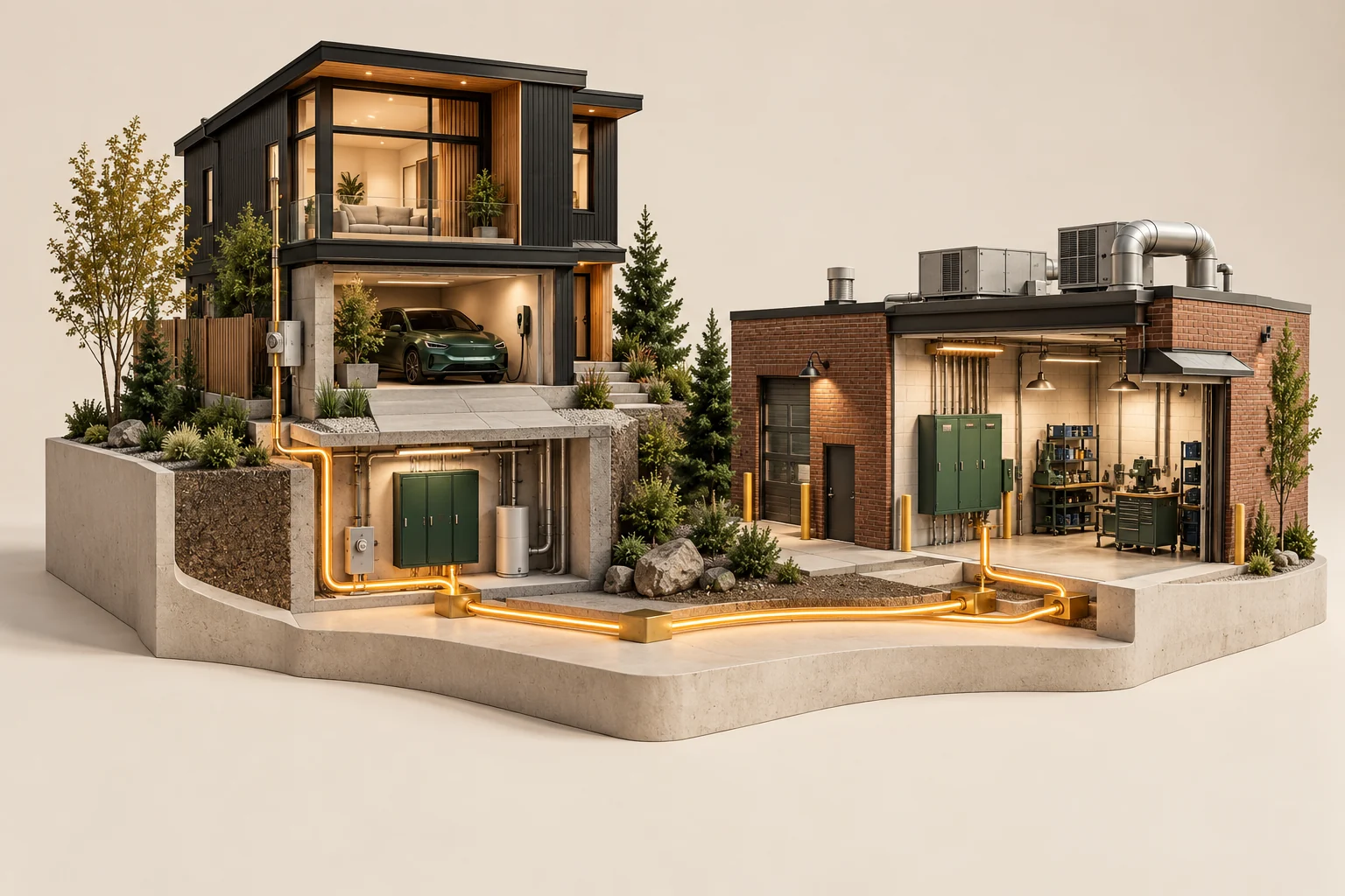 Original conceptual 3D cutaway of a Calgary home and commercial workshop